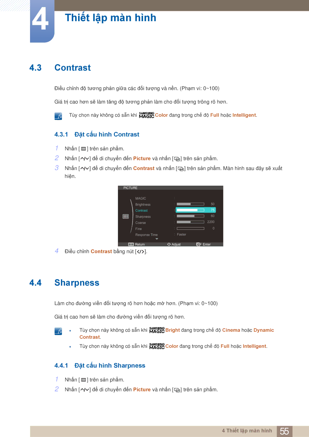 Samsung LC27A750XS/XV, LC27A750XS/ZA manual 1 Đặt cấu hình Contrast, 1 Đặt cấu hình Sharpness 