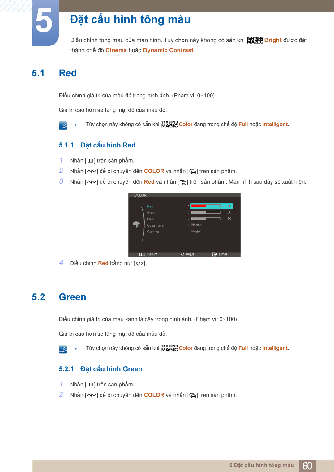 Samsung LC27A750XS/ZA, LC27A750XS/XV manual Đặt cấu hình tông màu, 1 Đặt cấu hình Red, 1 Đặt cấu hình Green 