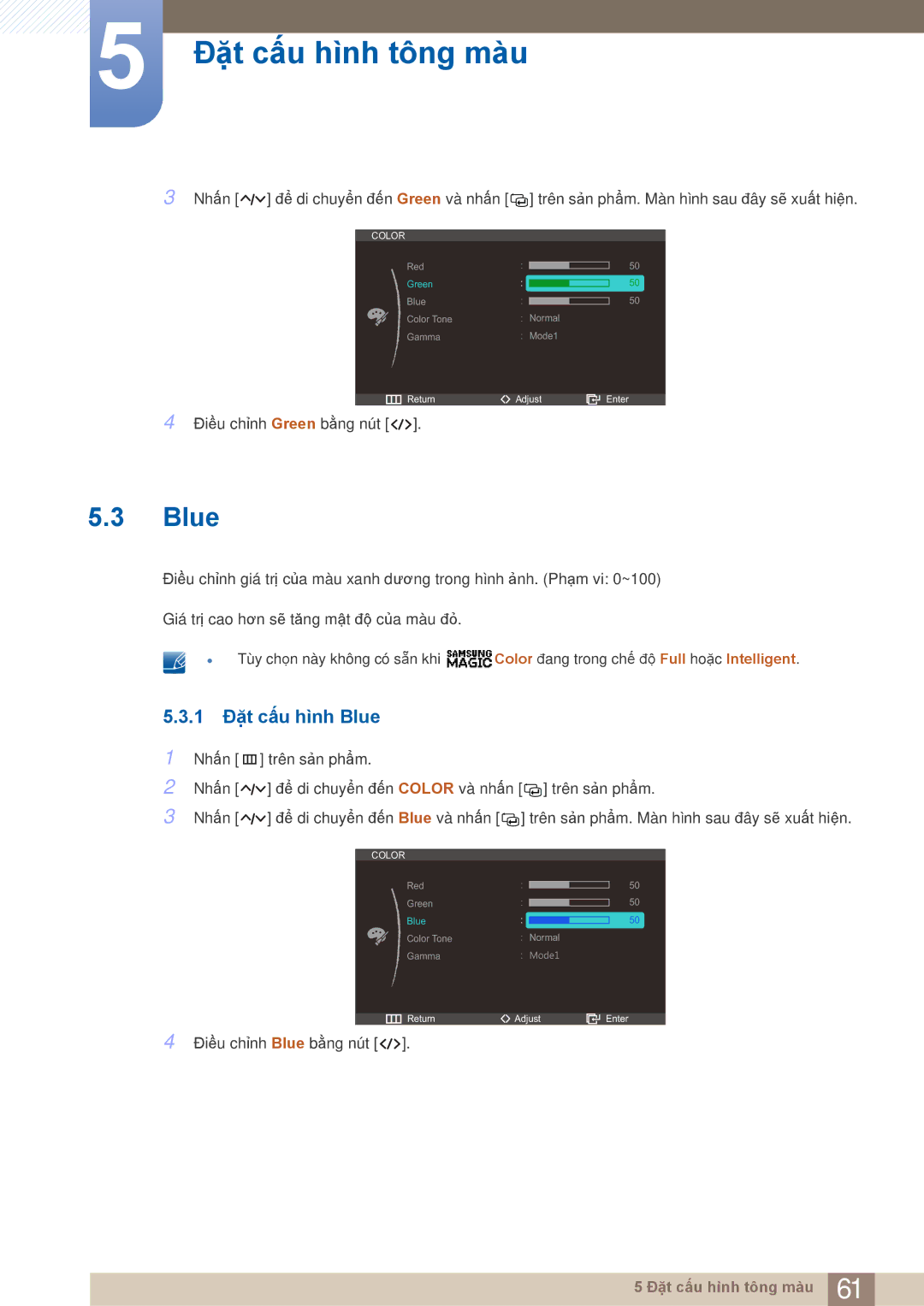 Samsung LC27A750XS/XV, LC27A750XS/ZA manual 1 Đặt cấu hình Blue 