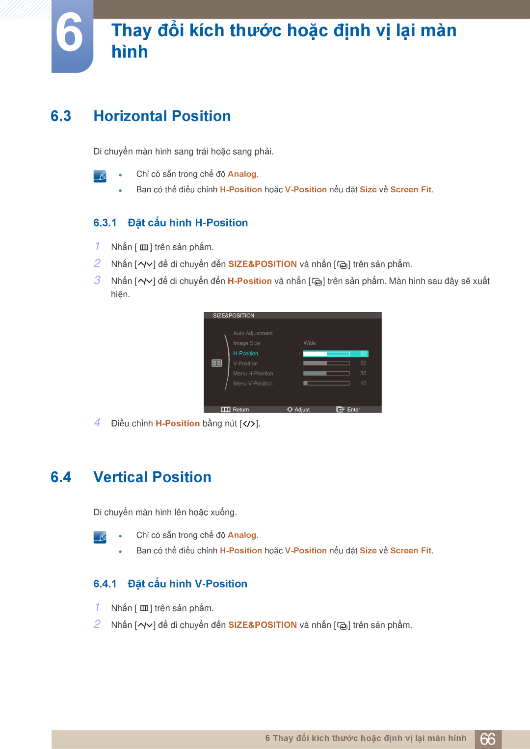 Samsung LC27A750XS/ZA manual Horizontal Position, Vertical Position, 1 Đặt cấu hình H-Position, 1 Đặt cấu hình V-Position 