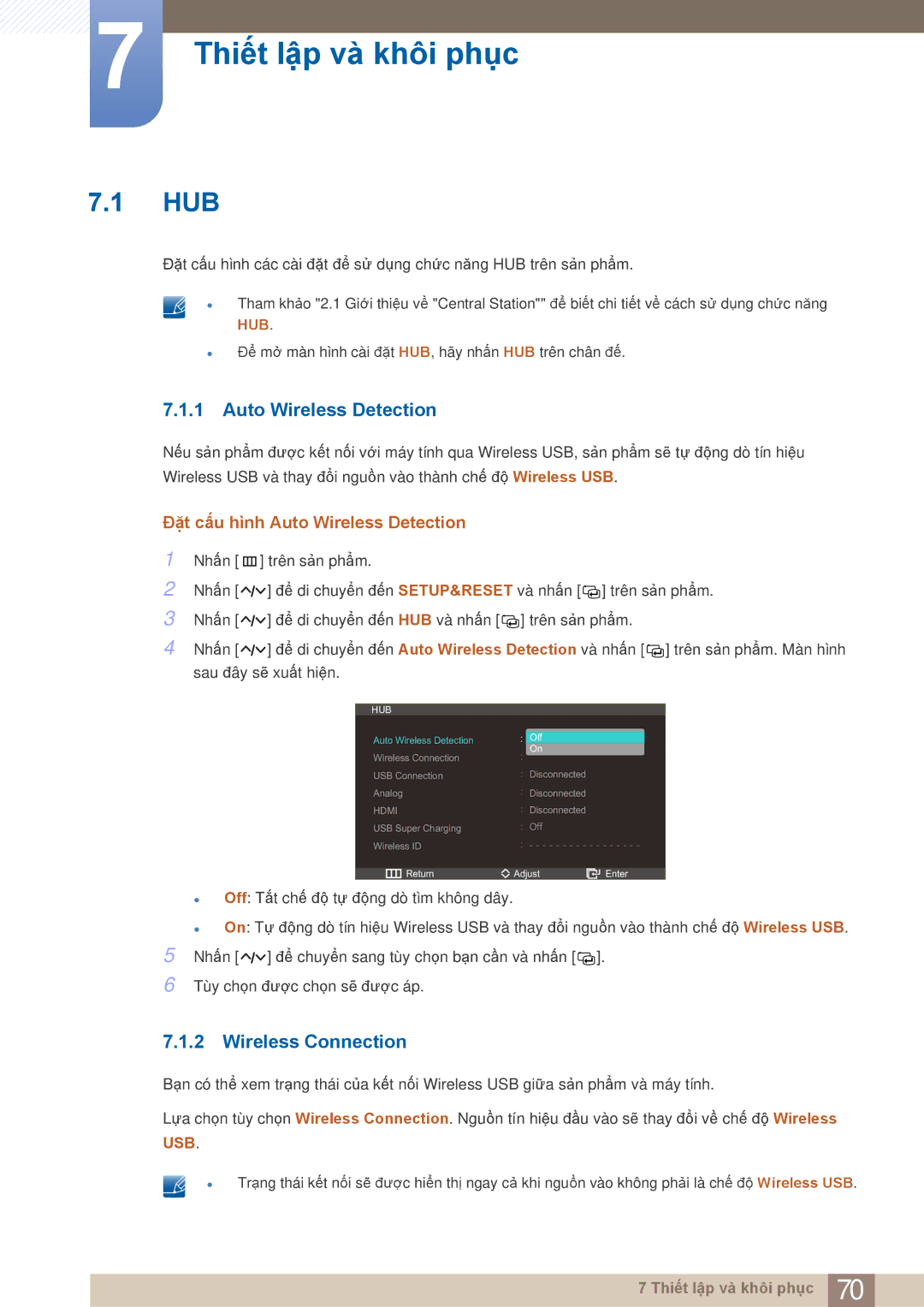 Samsung LC27A750XS/ZA, LC27A750XS/XV manual Thiết lập và khôi phục, Hub, Auto Wireless Detection, Wireless Connection 