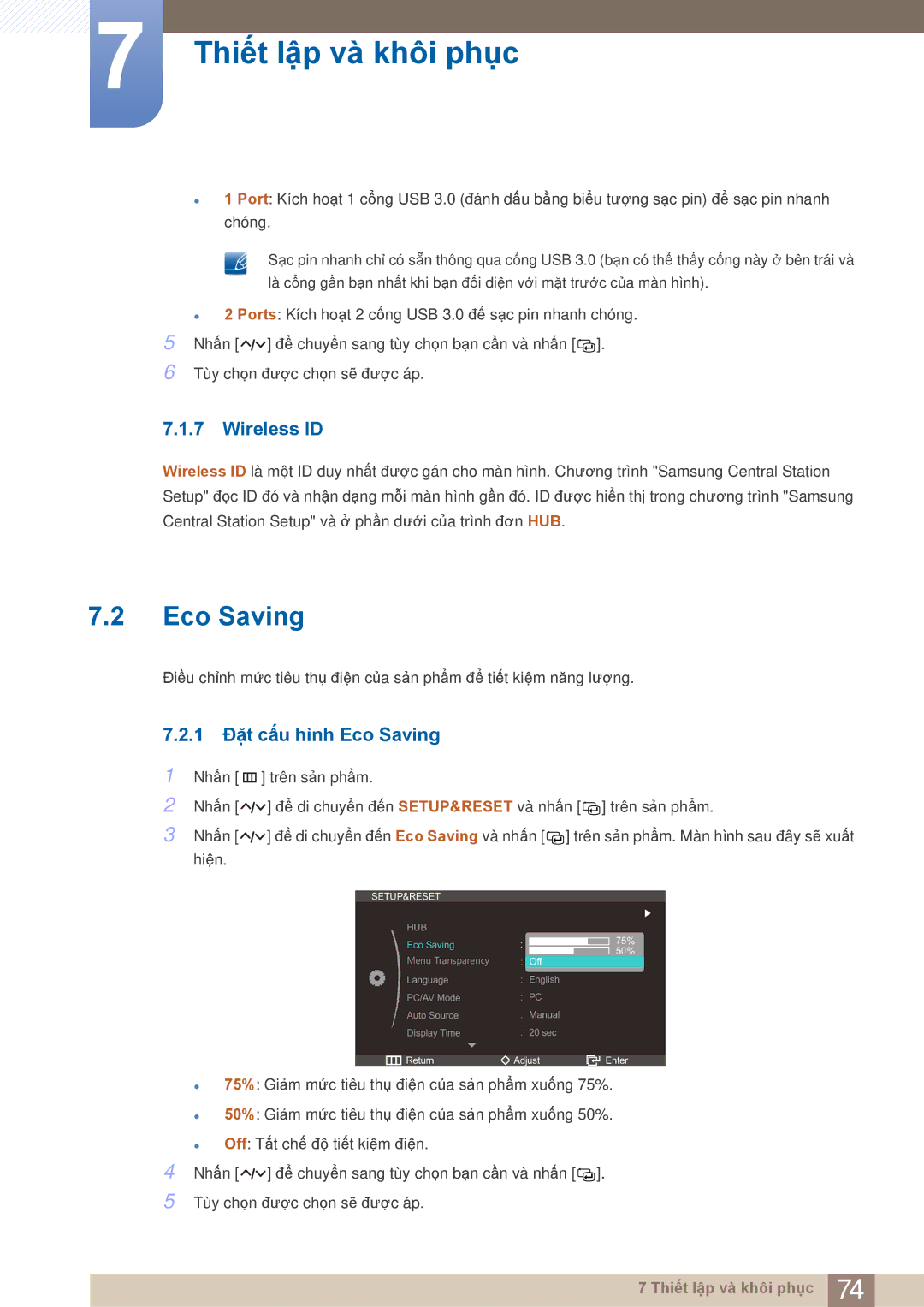 Samsung LC27A750XS/ZA, LC27A750XS/XV manual Wireless ID, 1 Đặt cấu hình Eco Saving 