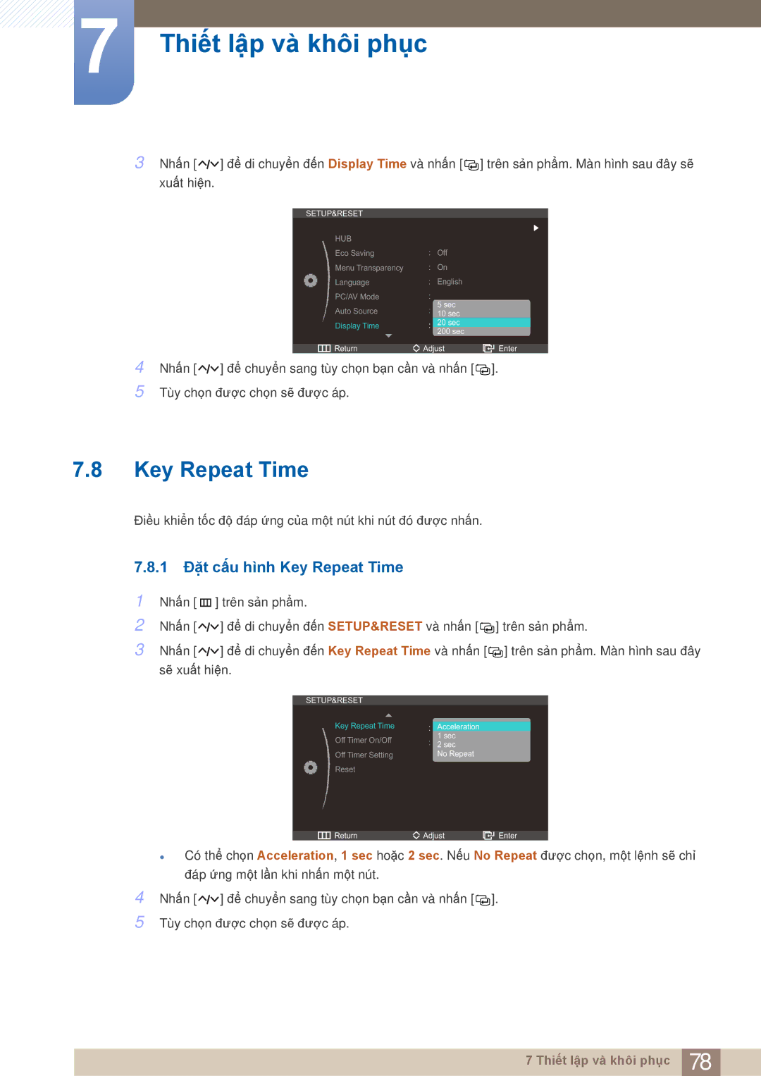 Samsung LC27A750XS/ZA, LC27A750XS/XV manual 1 Đặt cấu hình Key Repeat Time 