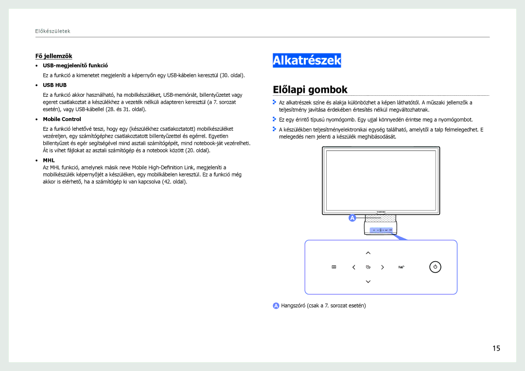 Samsung LC24B550US/EN, LC27B750XS/EN manual Alkatrészek, Előlapi gombok 