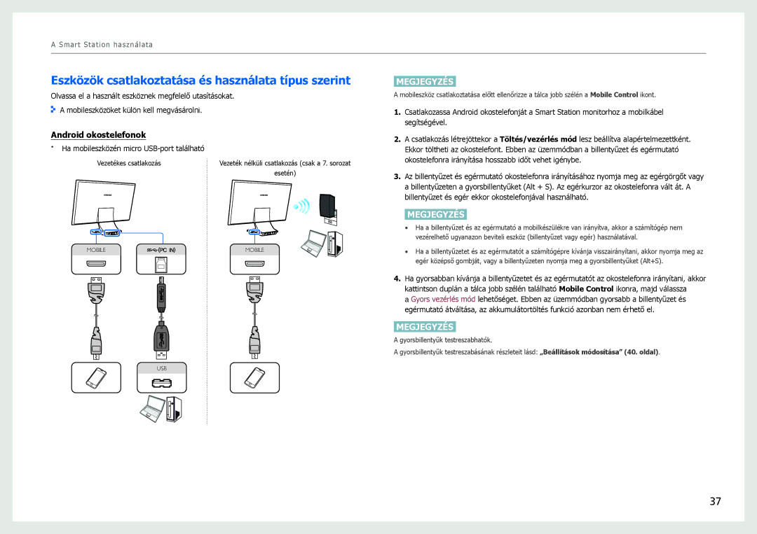 Samsung LC24B550US/EN, LC27B750XS/EN manual Eszközök csatlakoztatása és használata típus szerint, Android okostelefonok 