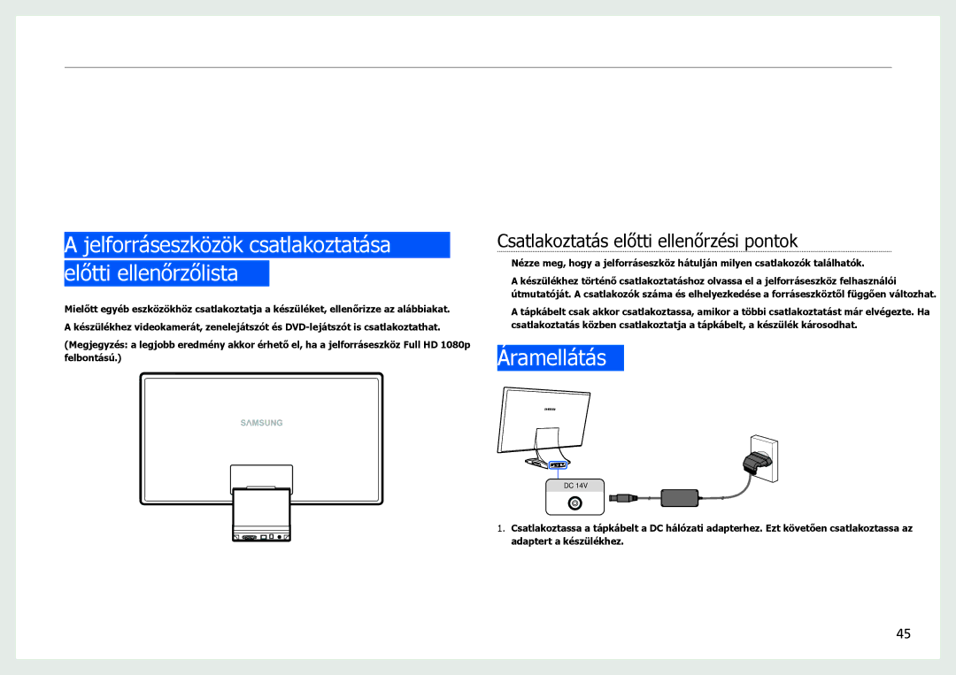 Samsung LC24B550US/EN, LC27B750XS/EN manual Jelforráseszközök csatlakoztatása előtti ellenőrzőlista, Áramellátás 