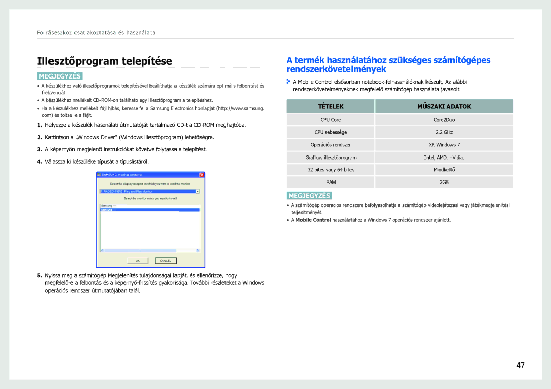 Samsung LC24B550US/EN, LC27B750XS/EN manual Illesztőprogram telepítése, Tételek 