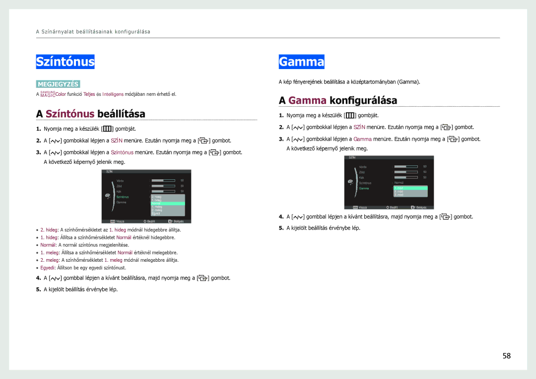 Samsung LC27B750XS/EN, LC24B550US/EN manual Színtónus beállítása, Gamma konfigurálása 