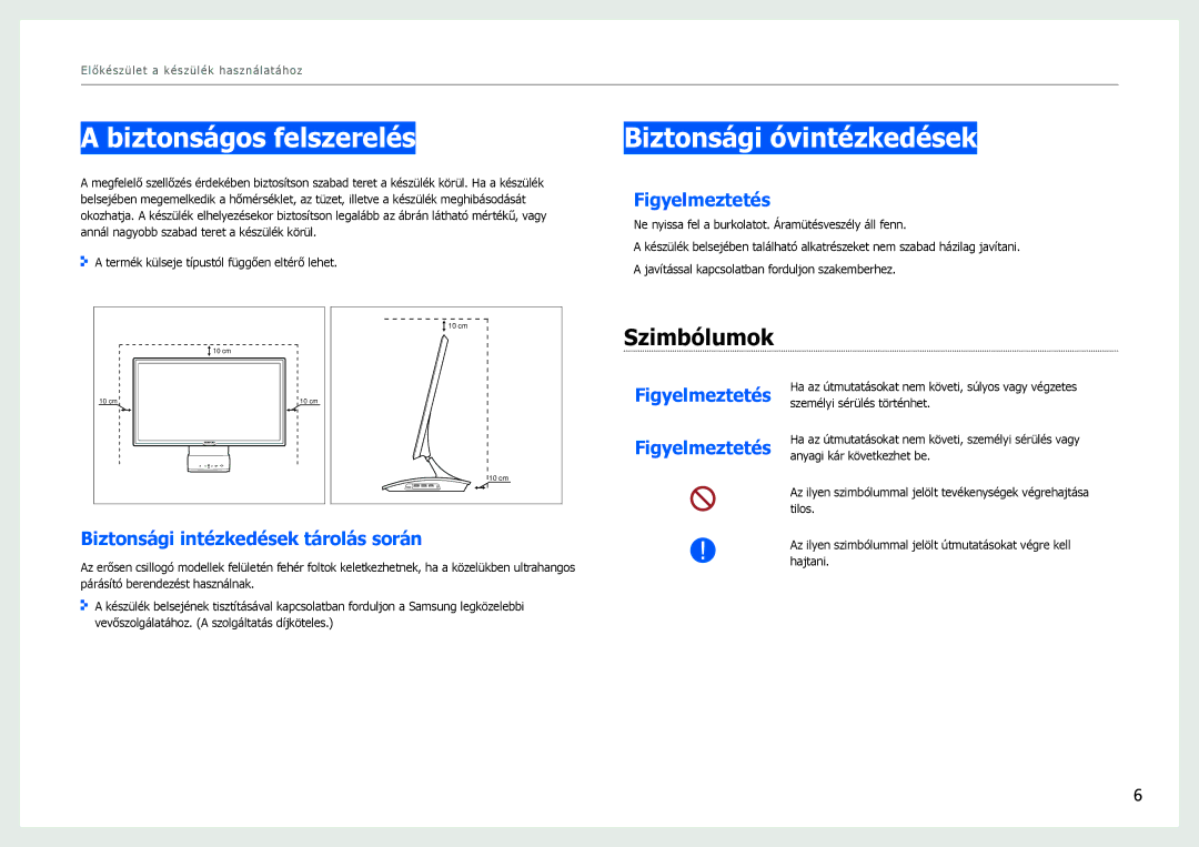 Samsung LC27B750XS/EN, LC24B550US/EN manual Biztonságos felszerelés, Biztonsági óvintézkedések, Szimbólumok, Figyelmeztetés 