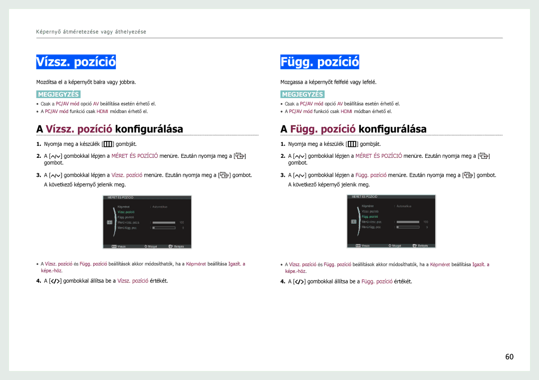 Samsung LC27B750XS/EN, LC24B550US/EN manual Vízsz. pozíció konfigurálása, Függ. pozíció konfigurálása 