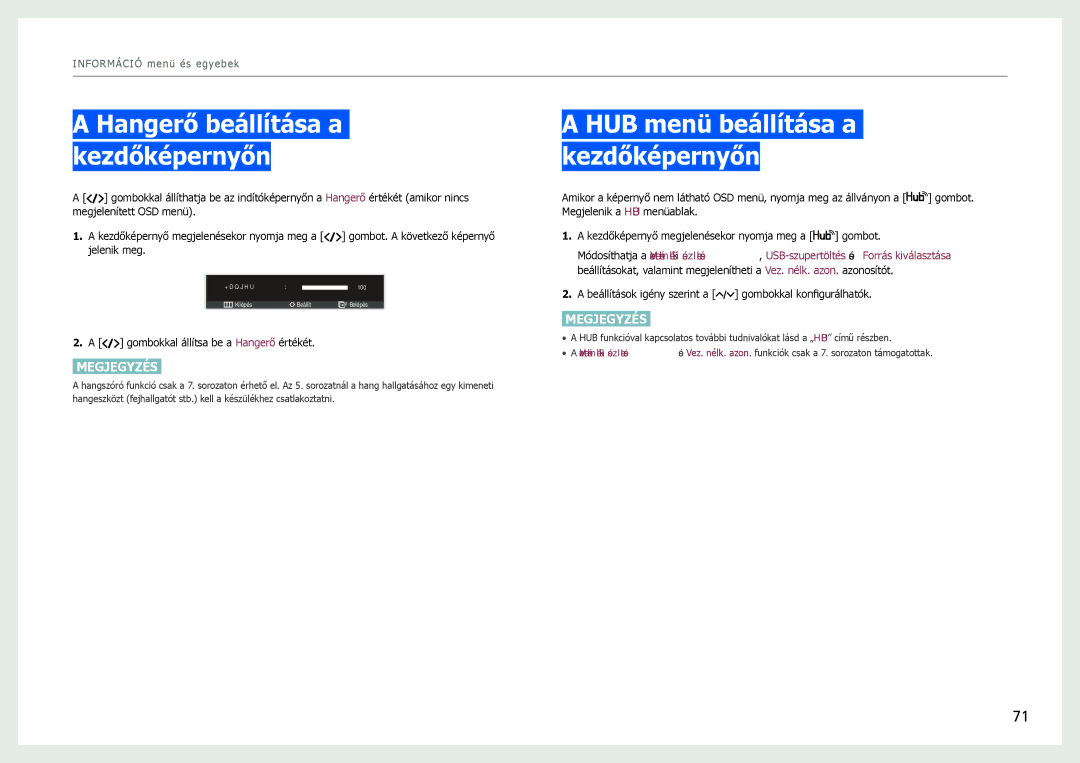 Samsung LC24B550US/EN, LC27B750XS/EN manual Hangerő beállítása a kezdőképernyőn, HUB menü beállítása a kezdőképernyőn 