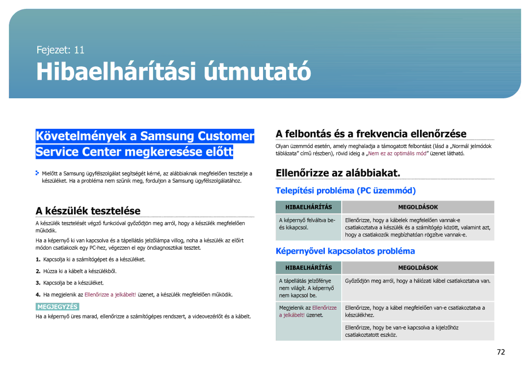 Samsung LC27B750XS/EN, LC24B550US/EN Felbontás és a frekvencia ellenőrzése, Ellenőrizze az alábbiakat Készülék tesztelése 