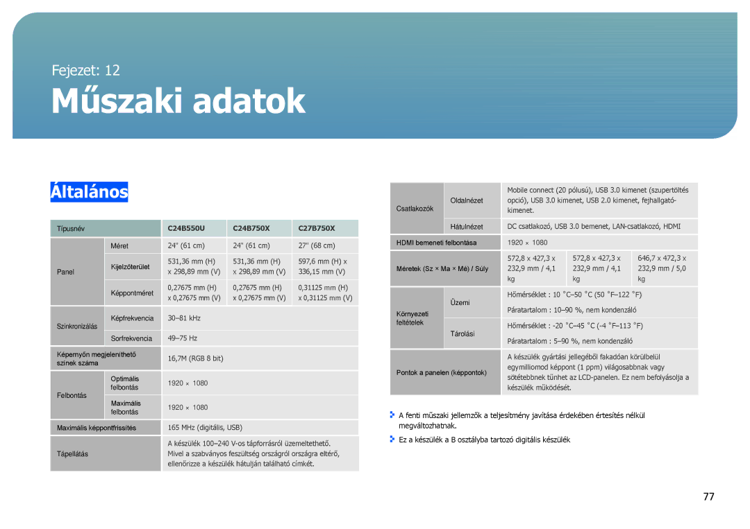 Samsung LC24B550US/EN, LC27B750XS/EN manual Műszaki adatok, Általános 