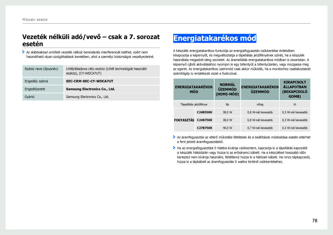 Samsung LC27B750XS/EN, LC24B550US/EN manual Energiatakarékos mód, Vezeték nélküli adó/vevő csak a 7. sorozat esetén 