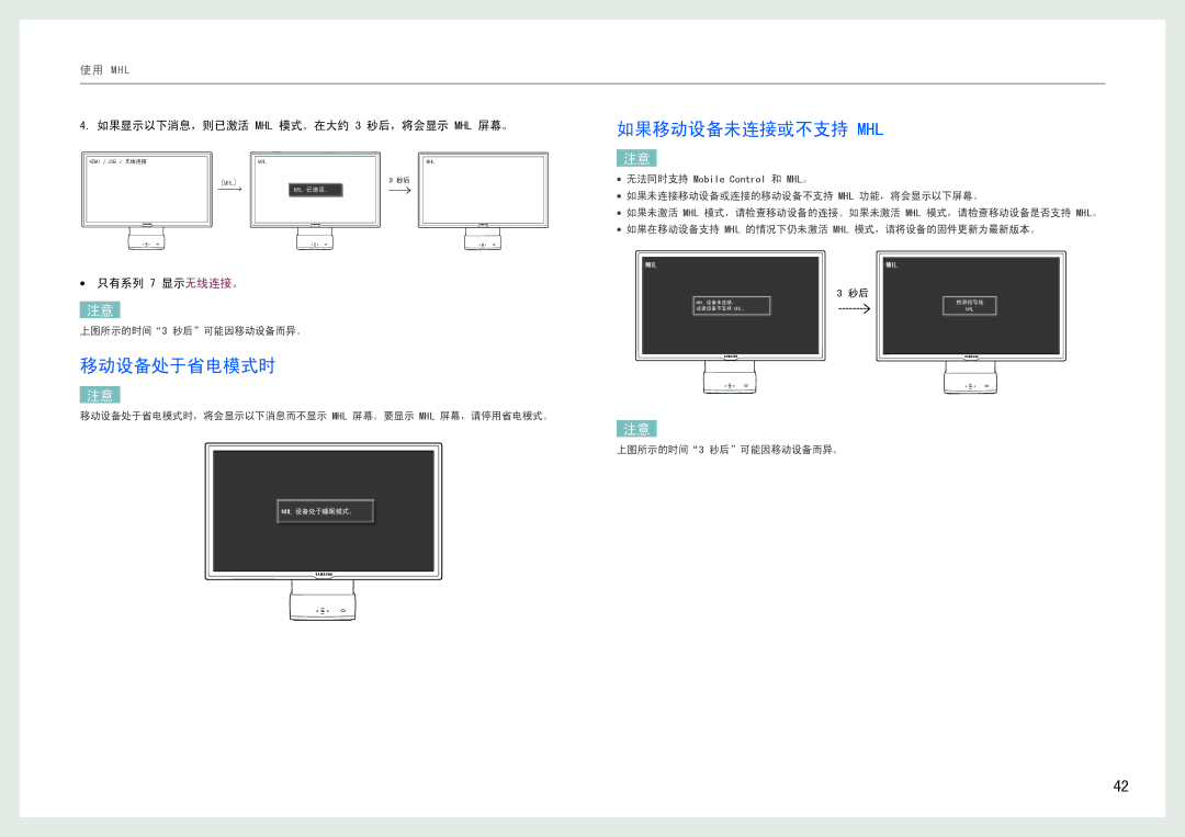 Samsung LC27B750XS/EN manual 移动设备处于省电模式时, 如果移动设备未连接或不支持 Mhl, 如果显示以下消息，则已激活 MHL 模式。在大约 3 秒后，将会显示 MHL 屏幕。, 只有系列 7 显示无线连接。 