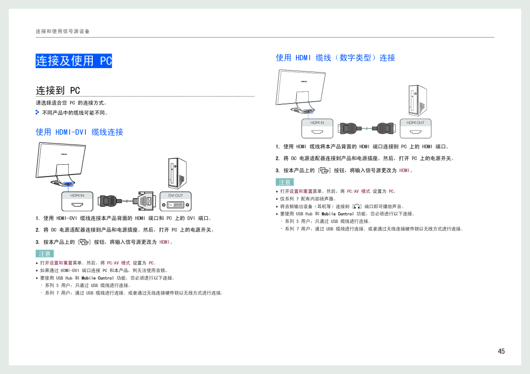 Samsung LC24B550US/EN manual 连接及使用 Pc, 连接到 Pc, 使用 Hdmi-Dvi 缆线连接, 使用 Hdmi 缆线（数字类型）连接, 请选择适合您 Pc 的连接方式。 不同产品中的缆线可能不同。 