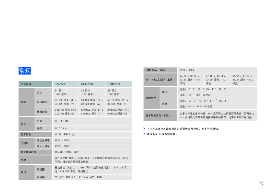 Samsung LC24B550US/EN, LC27B750XS/EN manual 显示屏像素点（像素）, 上述产品规格可能会因改进质量而有所变化，恕不另行通知。 本设备是 B 类数字设备。 