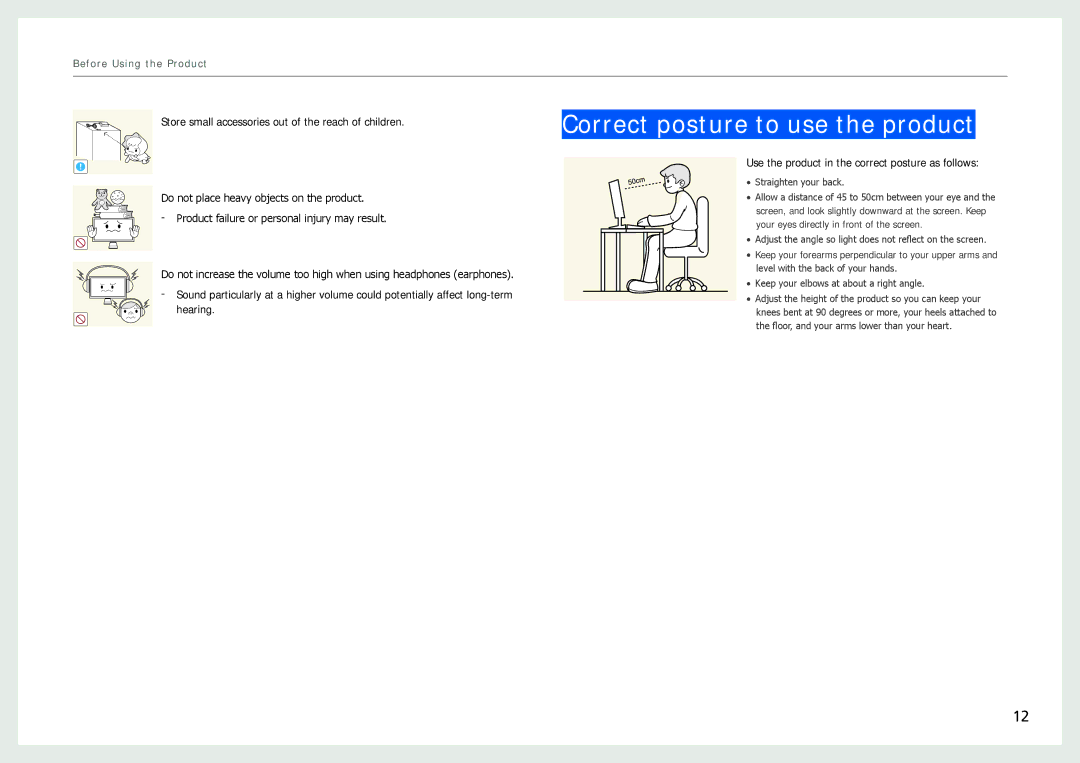 Samsung LC24B550US/CI, LC27B750XS/EN Correct posture to use the product, Use the product in the correct posture as follows 