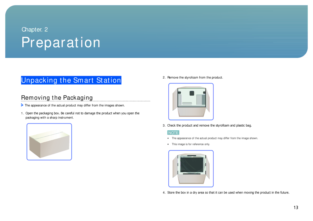 Samsung LC24B750XS/CI, LC27B750XS/EN, LC24B750XS/EN manual Preparation, Unpacking the Smart Station, Removing the Packaging 