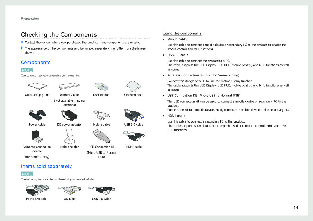 Samsung LC27B750XS/EN, LC24B750XS/EN, LC24B550US/EN, LC24B550US/ZR manual Checking the Components, Items sold separately 