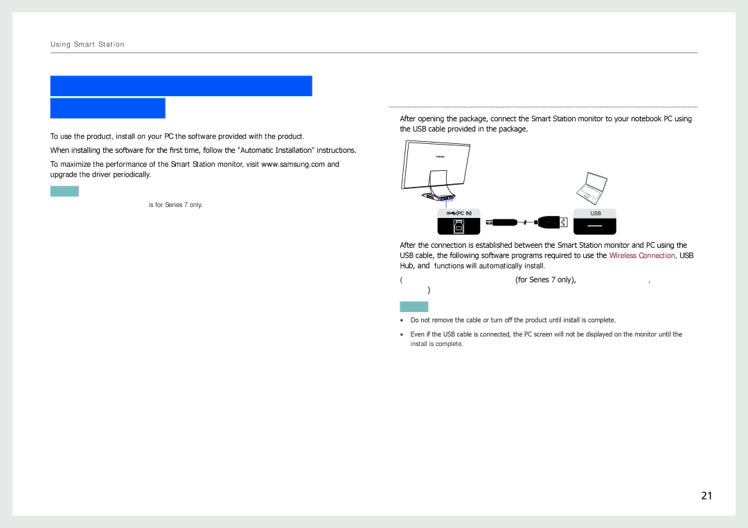 Samsung LC27B750XS/EN manual Software Installation for Using Smart Station, Automatic installation when using a notebook PC 