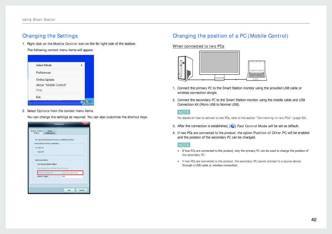 Samsung LC24B550US/CI, LC27B750XS/EN, LC24B750XS/EN Changing the Settings, Changing the position of a PC Mobile Control 