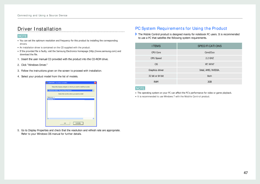 Samsung LC24B550US/CI, LC27B750XS/EN, LC24B750XS/EN manual Driver Installation, PC System Requirements for Using the Product 