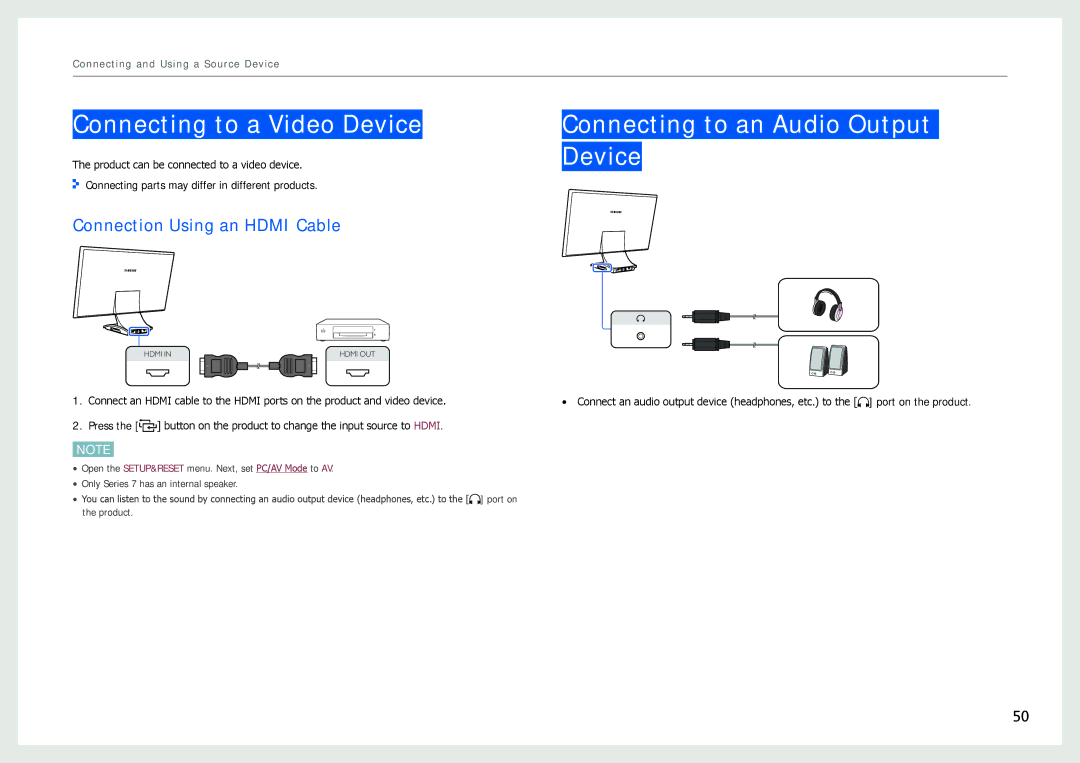 Samsung LC24B750XS/EN Connecting to a Video Device, Connecting to an Audio Output Device, Connection Using an Hdmi Cable 