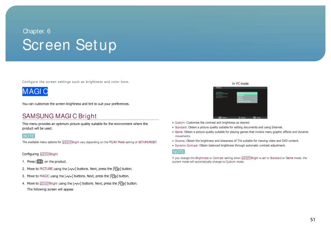 Samsung LC24B550US/EN, LC27B750XS/EN, LC24B750XS/EN, LC24B550US/ZR, LC27B750XS/CI manual Screen Setup, Samsung Magic Bright 