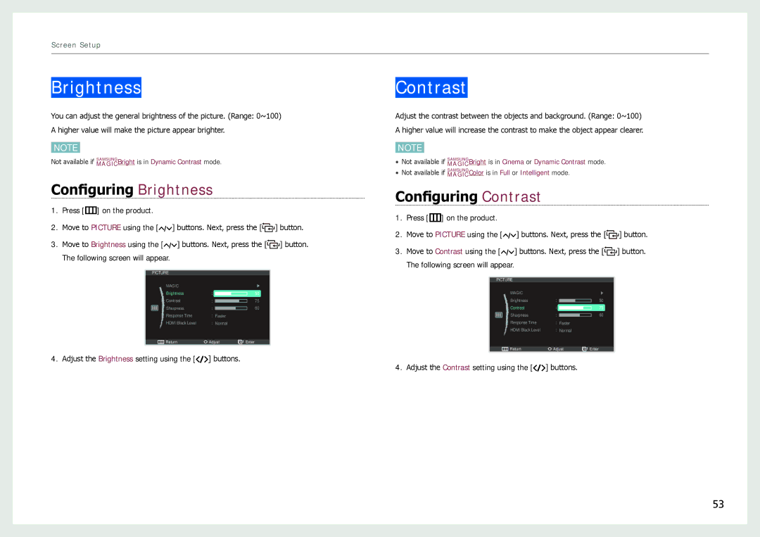 Samsung LC27B750XS/CI Configuring Brightness, Configuring Contrast, Adjust the Contrast setting using the buttons 