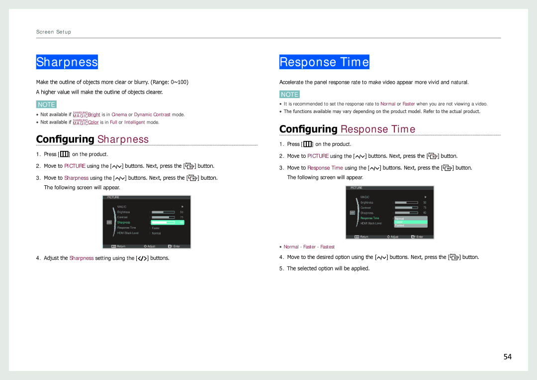 Samsung LC24B550US/CI, LC27B750XS/EN, LC24B750XS/EN, LC24B550US/EN Configuring Sharpness, Configuring Response Time 