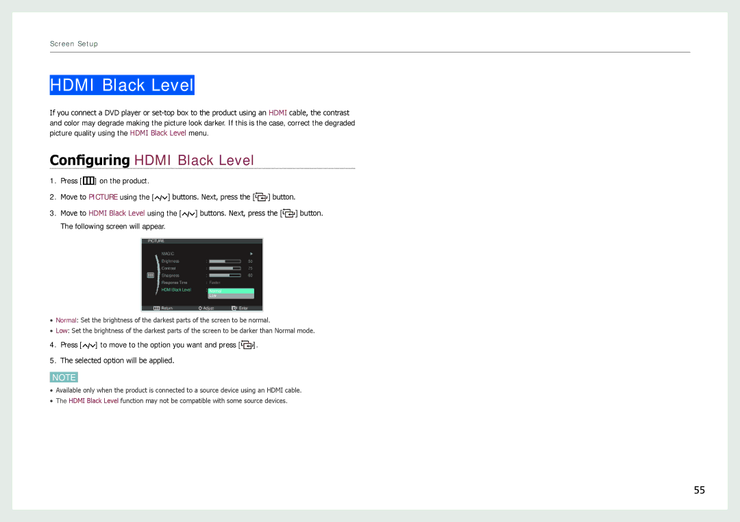 Samsung LC24B750XS/CI, LC27B750XS/EN, LC24B750XS/EN, LC24B550US/EN, LC24B550US/ZR manual Configuring Hdmi Black Level 