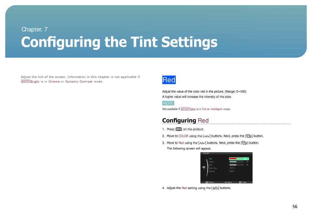 Samsung LC27B750XS/EN manual Configuring the Tint Settings, Configuring Red, Adjust the Red setting using the buttons 