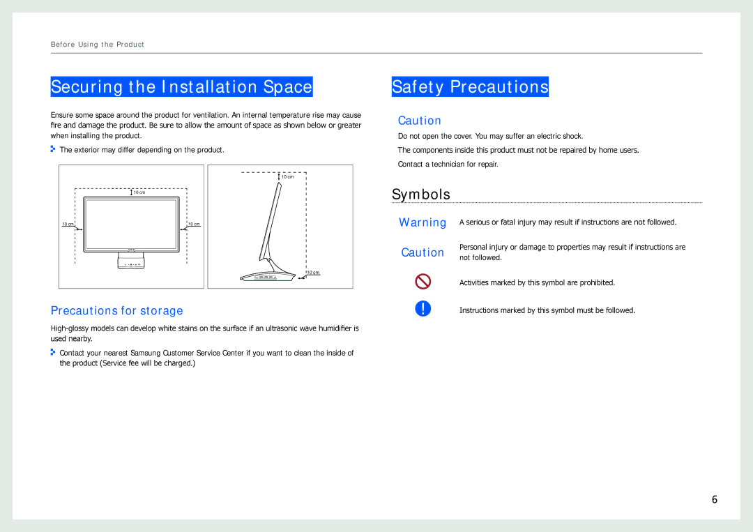 Samsung LC24B750XS/CI, LC27B750XS/EN Securing the Installation Space, Safety Precautions, Symbols, Precautions for storage 