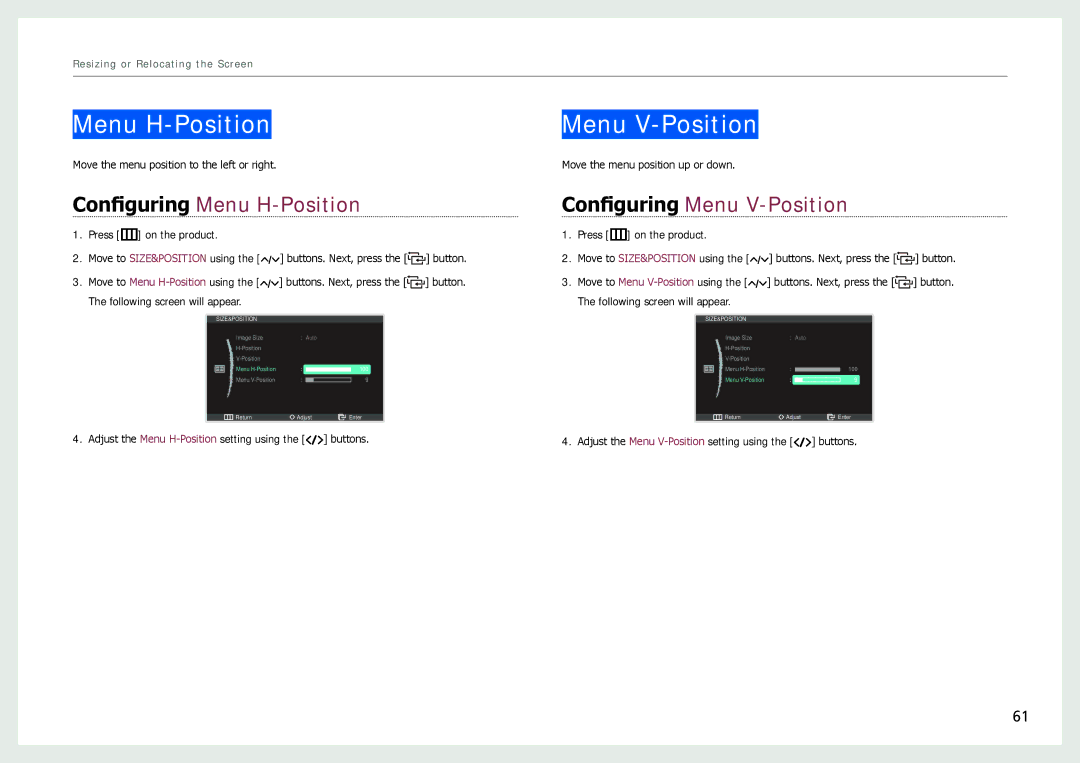 Samsung LC24B550US/CI manual Menu H-Position Menu V-Position, Configuring Menu H-Position Configuring Menu V-Position 