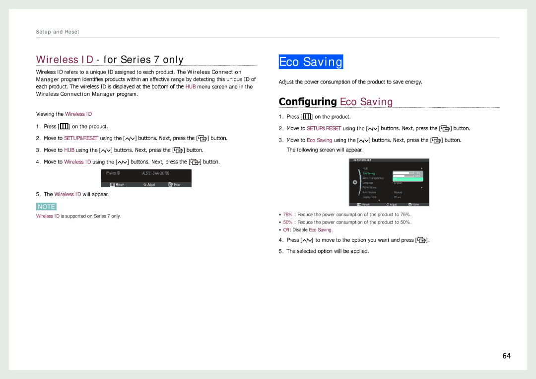 Samsung LC24B750XS/EN, LC27B750XS/EN Wireless ID for Series 7 only, Configuring Eco Saving, Wireless ID will appear 