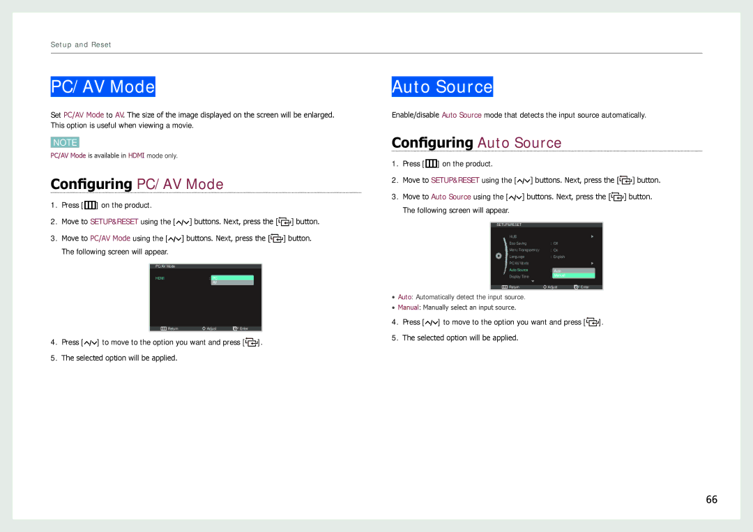 Samsung LC24B550US/ZR, LC27B750XS/EN, LC24B750XS/EN, LC24B550US/EN Configuring PC/AV Mode, Configuring Auto Source 