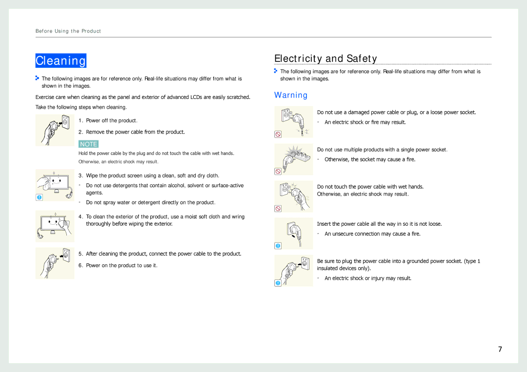 Samsung LC27B750XS/EN Cleaning, Electricity and Safety, Wipe the product screen using a clean, soft and dry cloth, Agents 