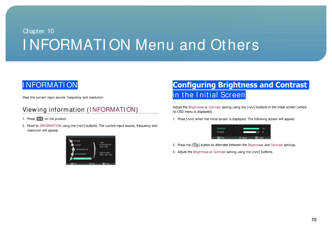 Samsung LC27B750XS/EN, LC24B750XS/EN manual Information Menu and Others, Configuring Brightness and Contrast Initial Screen 