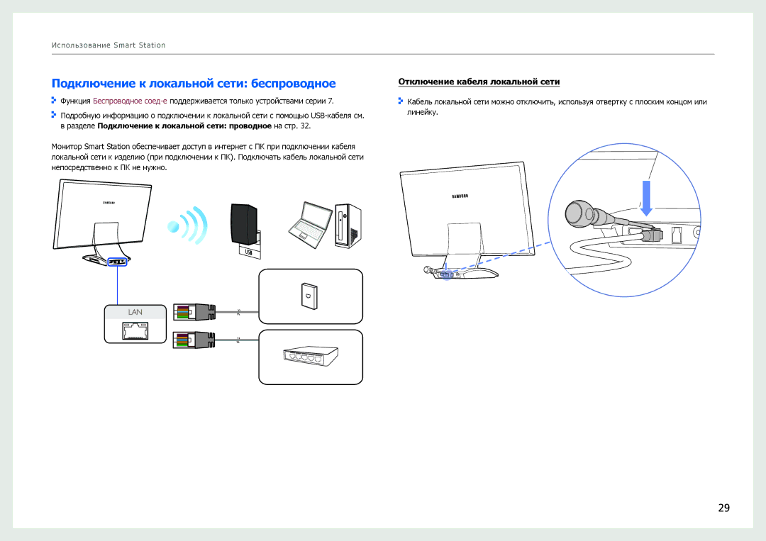 Samsung LC24B750XS/CI, LC27B750XS/EN manual Подключение к локальной сети беспроводное, Отключение кабеля локальной сети 