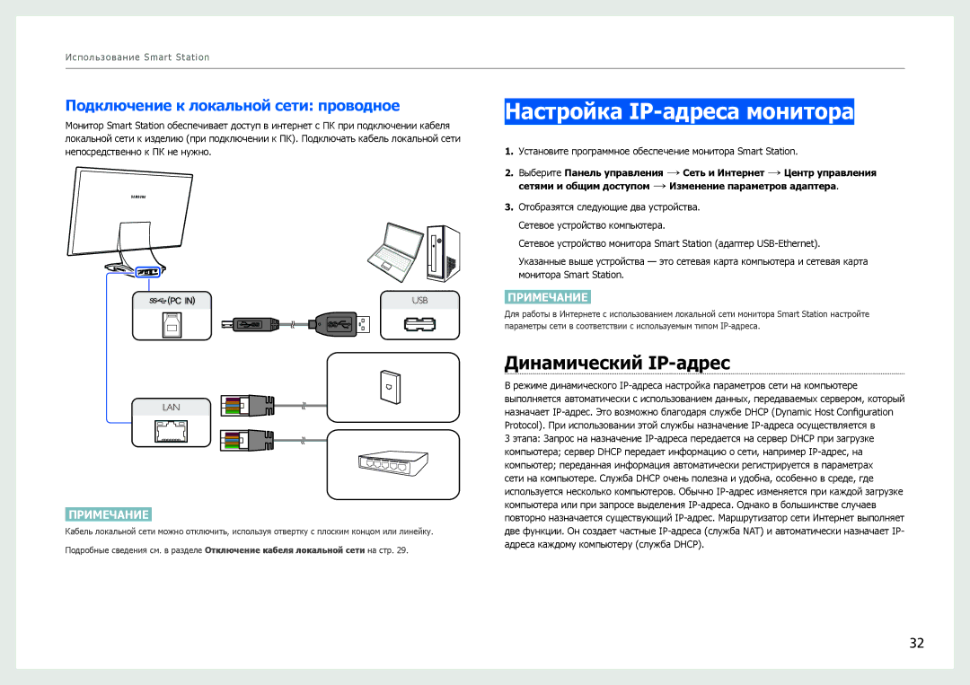 Samsung LC24B550US/EN manual Настройка IP-адреса монитора, Динамический IP-адрес, Подключение к локальной сети проводное 