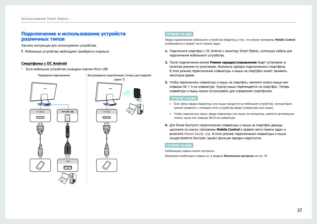 Samsung LC24B750XS/EN, LC27B750XS/EN manual Подключение и использование устройств различных типов, Смартфоны с ОС Android 