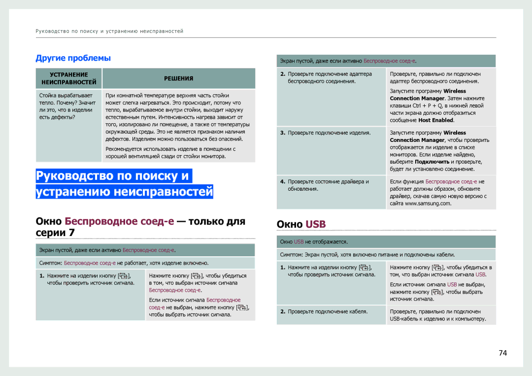 Samsung LC24B550US/EN manual Руководство по поиску и устранению неисправностей, Окно Беспроводное соед-е только для серии 
