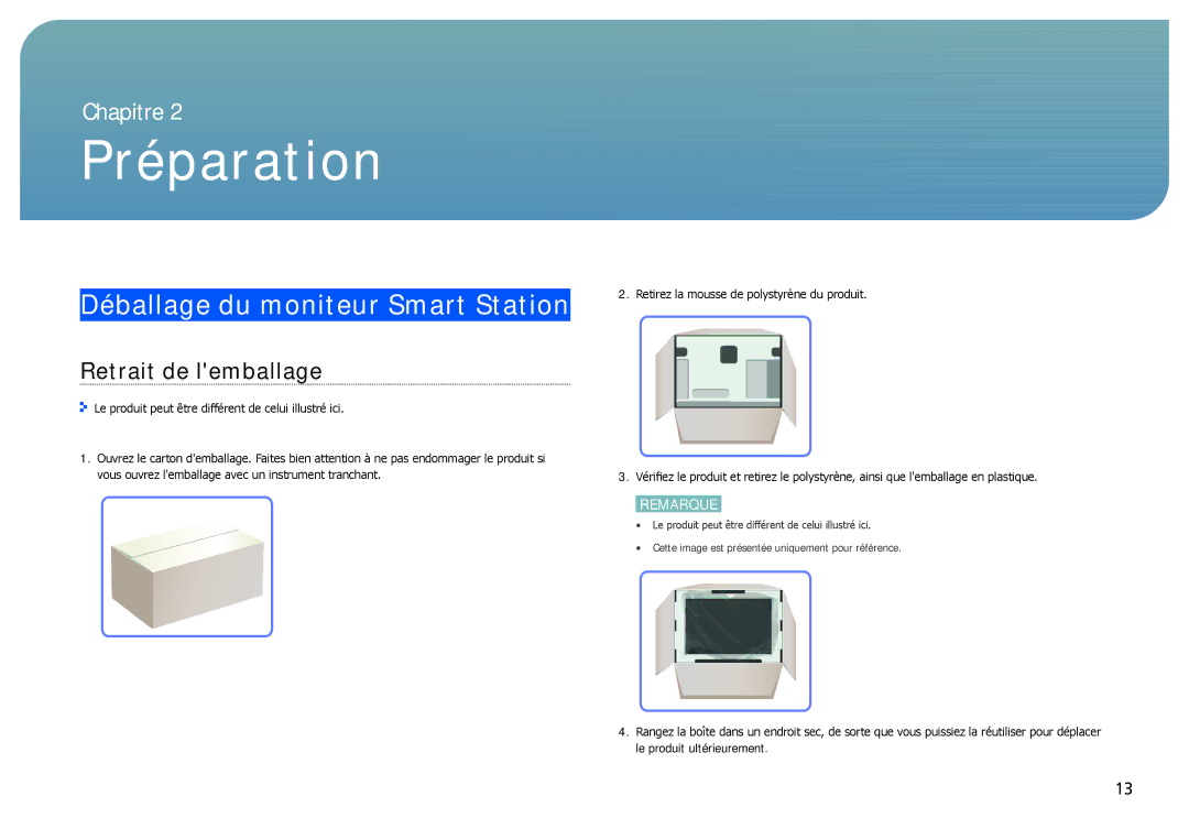 Samsung LC24B750XS/EN, LC27B750XS/EN, LC24B550US/EN manual Déballage du moniteur Smart Station, Retrait de lemballage 