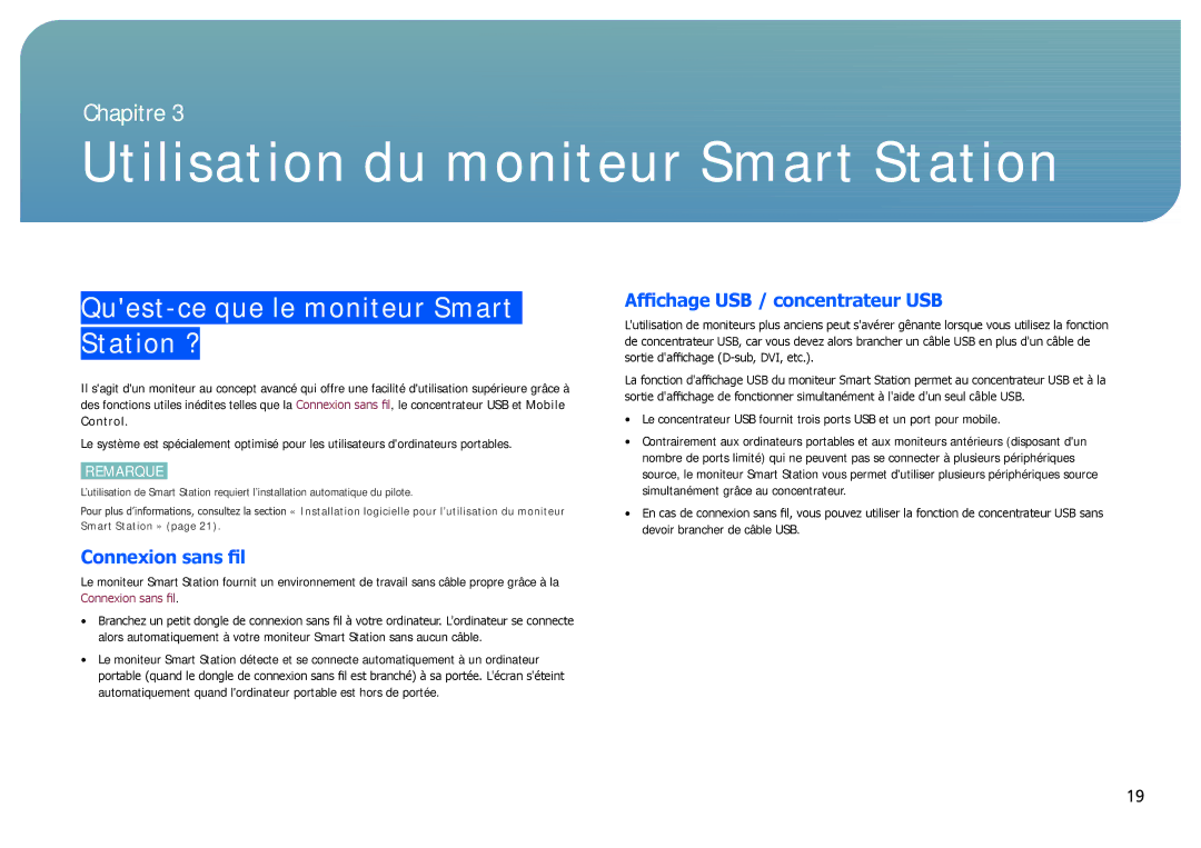 Samsung LC24B750XS/EN Quest-ce que le moniteur Smart Station ?, Affichage USB / concentrateur USB, Connexion sans fil 