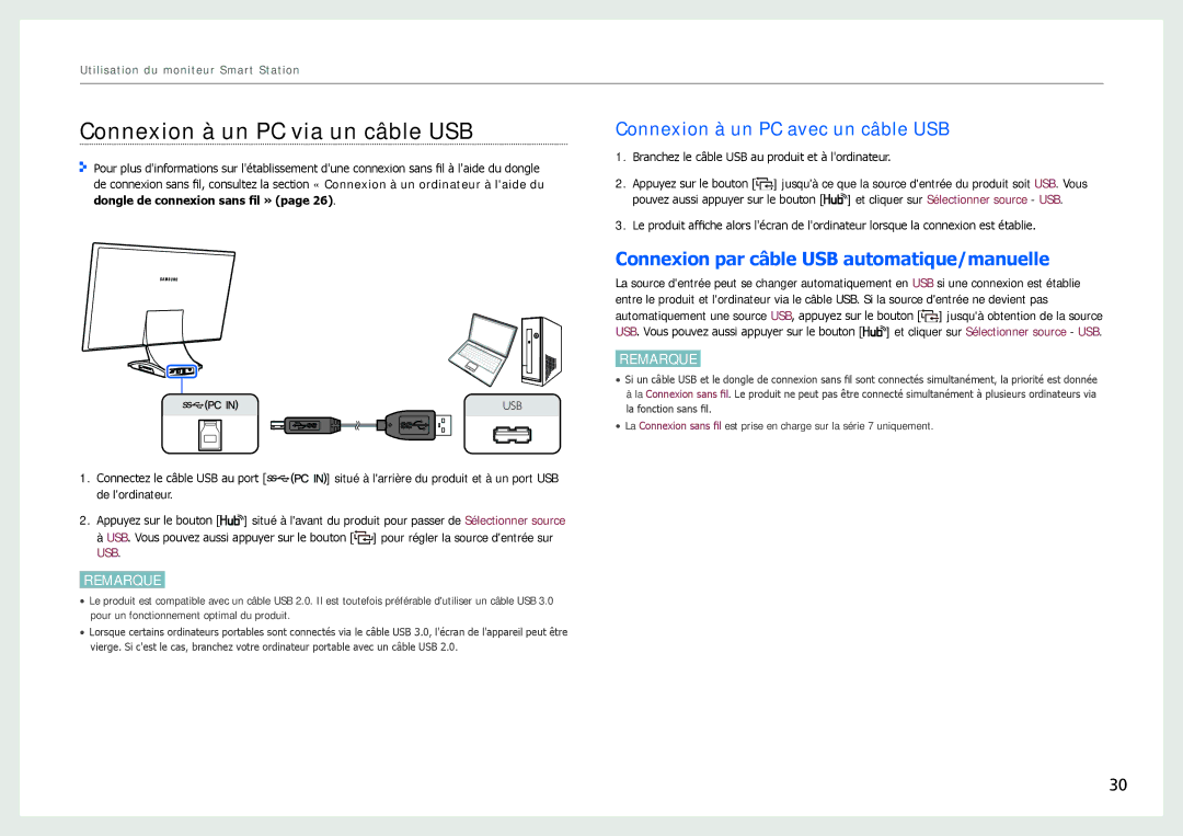 Samsung LC27B750XS/EN, LC24B750XS/EN, LC24B550US/EN Connexion à un PC via un câble USB, Connexion à un PC avec un câble USB 