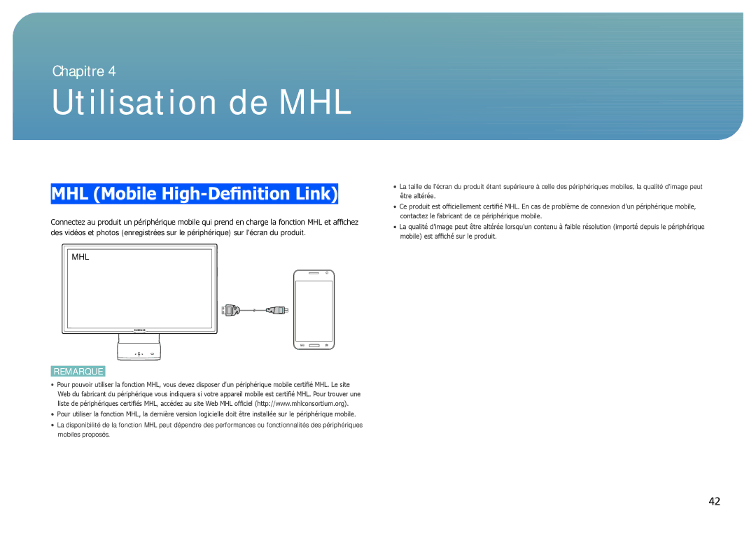 Samsung LC27B750XS/EN, LC24B750XS/EN, LC24B550US/EN manual Utilisation de MHL, MHL Mobile High-Definition Link 