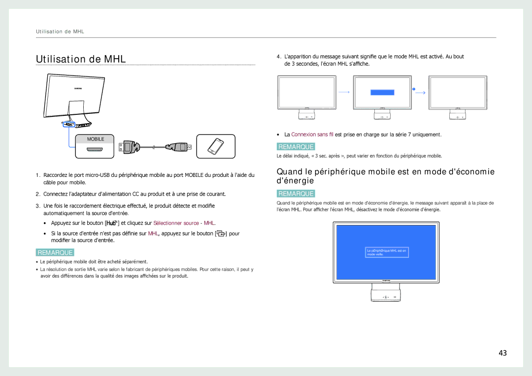 Samsung LC24B750XS/EN, LC27B750XS/EN manual Utilisation de MHL, Quand le périphérique mobile est en mode déconomie dénergie 