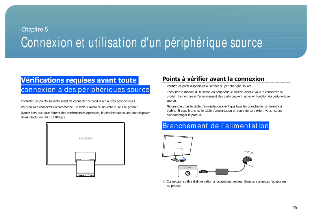 Samsung LC27B750XS/EN, LC24B750XS/EN, LC24B550US/EN manual Branchement de lalimentation, Points à vérifier avant la connexion 