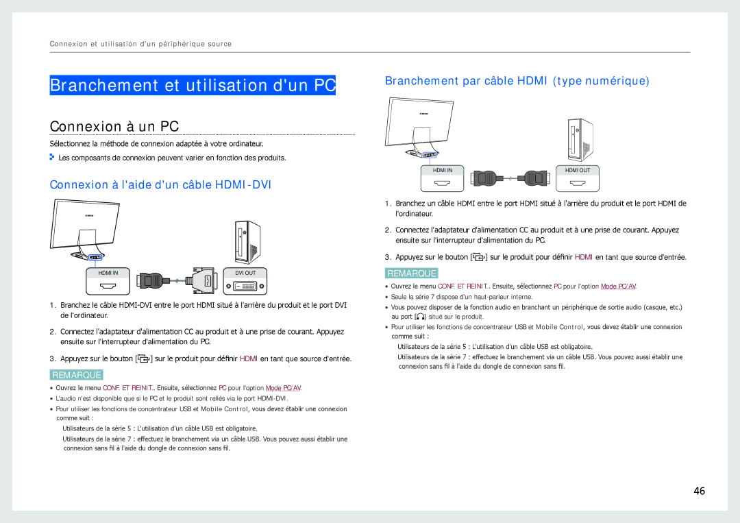 Samsung LC24B750XS/EN manual Branchement et utilisation dun PC, Connexion à un PC, Connexion à laide dun câble HDMI-DVI 